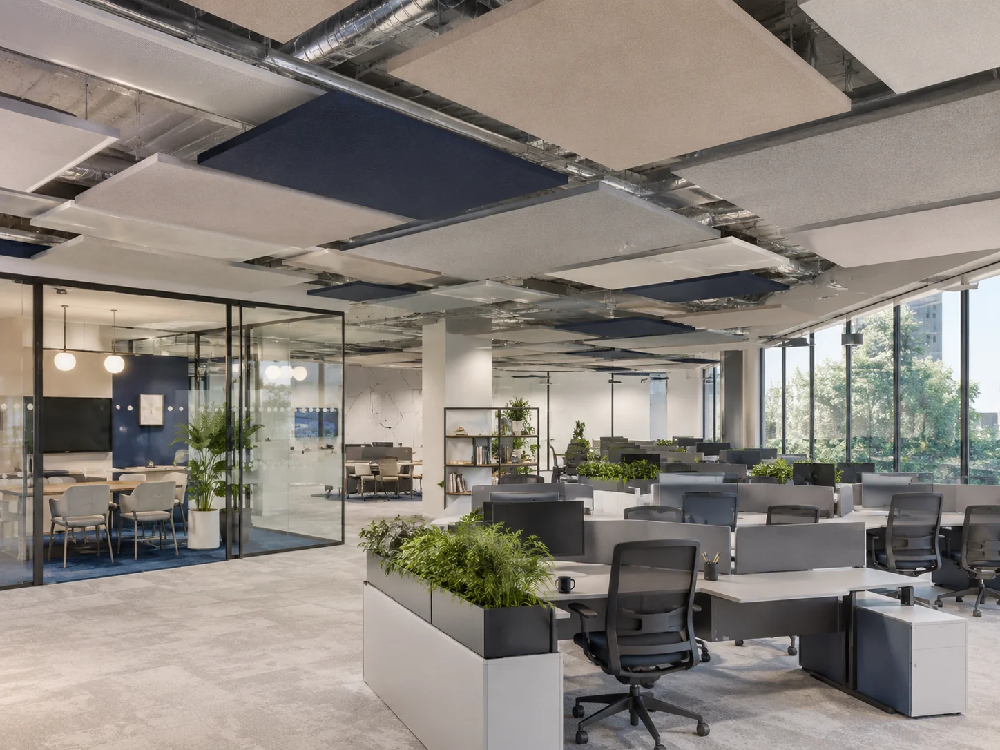 Square fabric baffles above open-plan office workstations — blue and white grid
