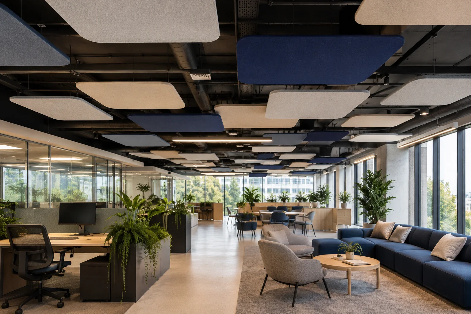 Square fabric baffles in dense grid above coworking space — blue and beige installation