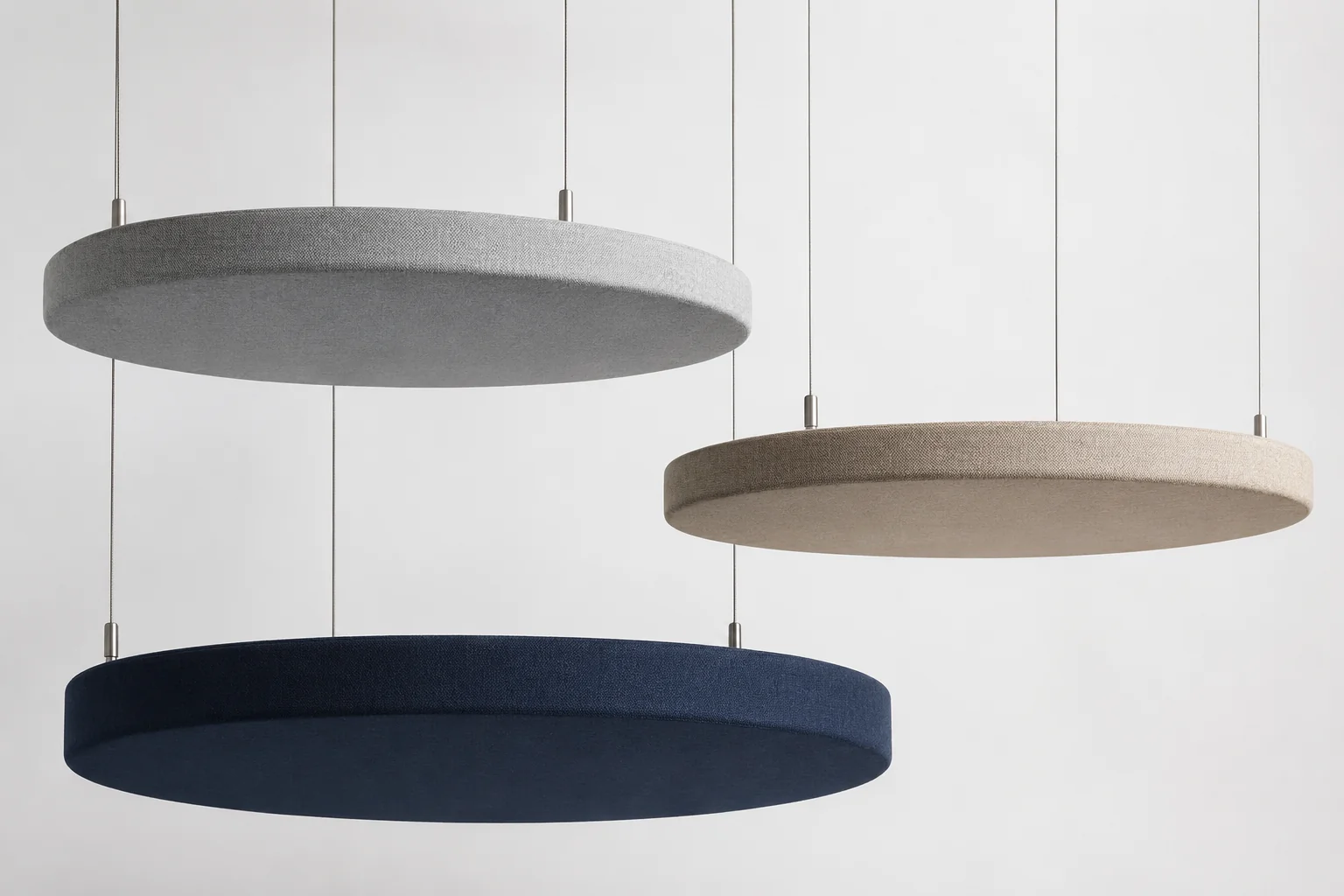 Circular fabric baffles in classroom / lecture hall — mixed grey and beige tones