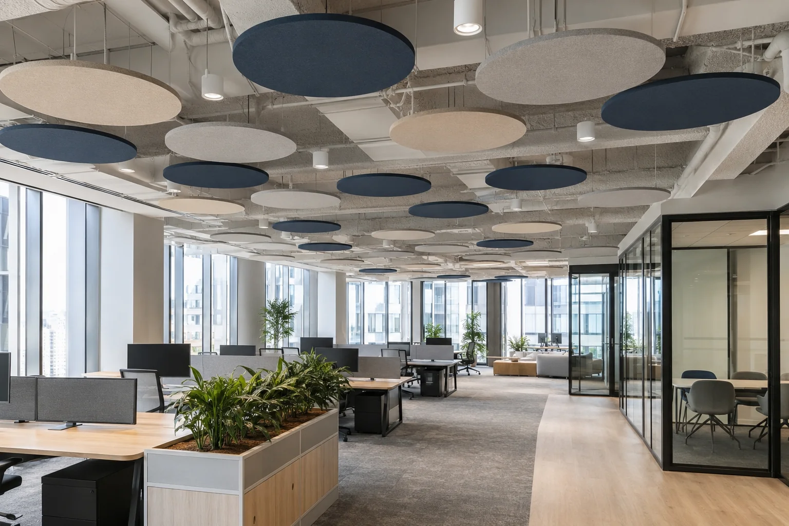 Circular fabric baffles in open-plan office — blue, grey and cream mix above workstations