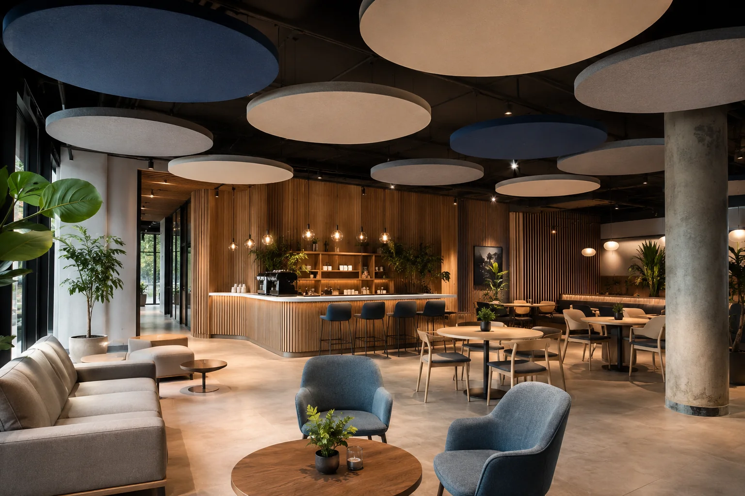 Circular fabric baffles above executive boardroom — warm grey and cream tones
