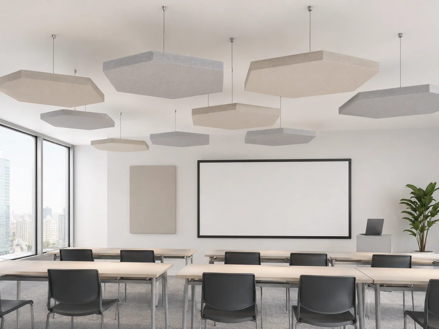 Hexagon fabric baffles cluster above restaurant/café — green, grey, and blue tones with plants and warm wood