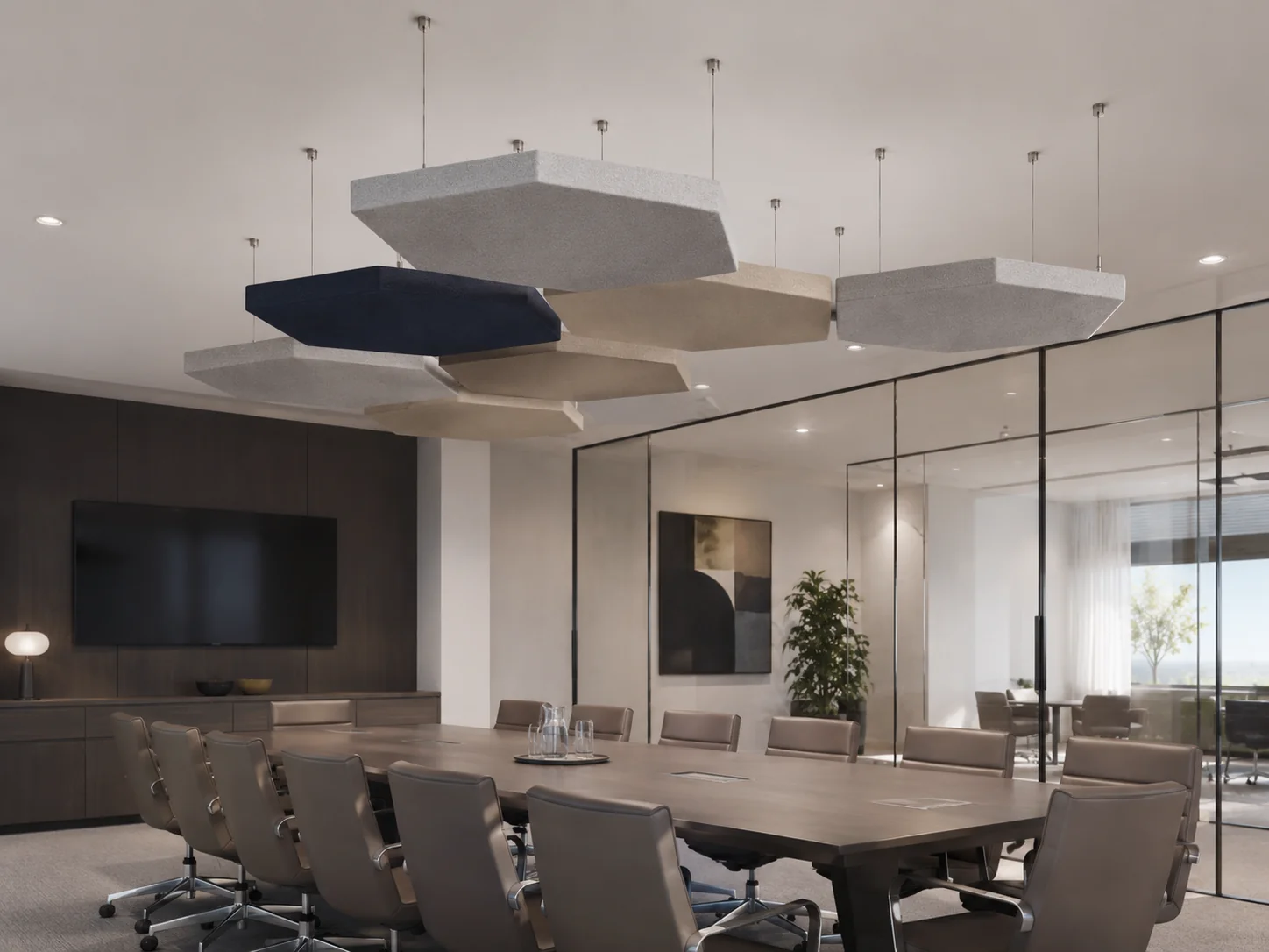 Hexagon fabric baffles above open-plan office — navy, beige, and grey cluster with glass walls